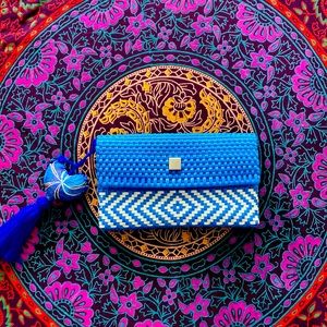 Mexican weave blue clutch bag
